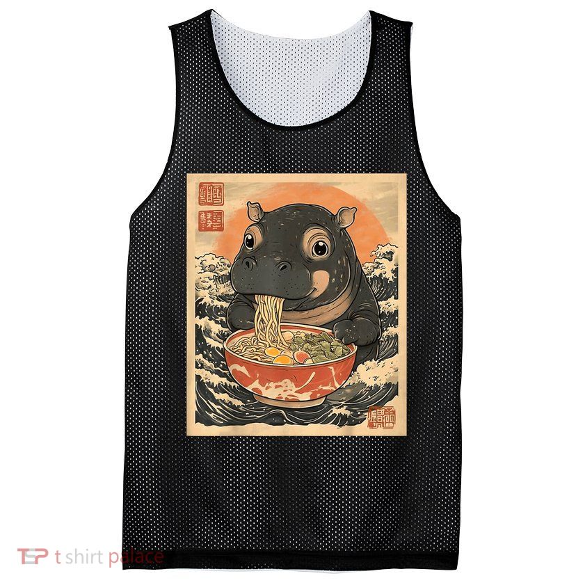 Moo Deng Hippo Eat Ramen For Japanese Style Mesh Reversible Basketball Jersey Tank
