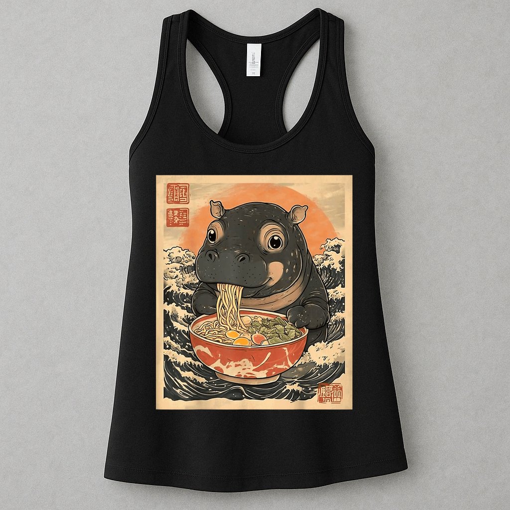 Moo Deng Hippo Eat Ramen For Japanese Style Womens Tank Top