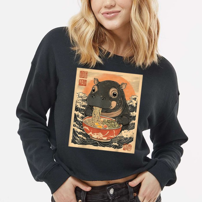 Moo Deng Hippo Eat Ramen For Japanese Style Cropped Pullover Crew
