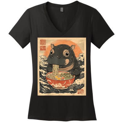Moo Deng Hippo Eat Ramen For Japanese Style Women's V-Neck T-Shirt