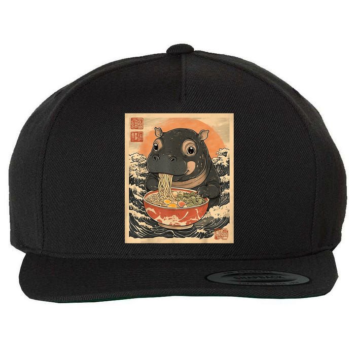 Moo Deng Hippo Eat Ramen For Japanese Style Wool Snapback Cap