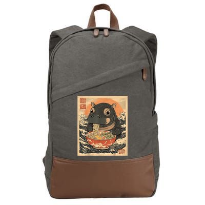 Moo Deng Hippo Eat Ramen For Japanese Style Cotton Canvas Backpack