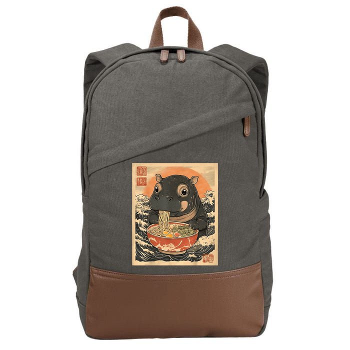 Moo Deng Hippo Eat Ramen For Japanese Style Cotton Canvas Backpack