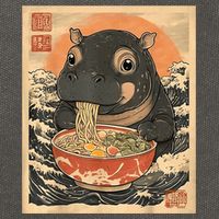 Moo Deng Hippo Eat Ramen For Japanese Style Cotton Canvas Backpack