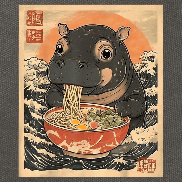 Moo Deng Hippo Eat Ramen For Japanese Style Cotton Canvas Backpack