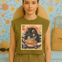 Moo Deng Hippo Eat Ramen For Japanese Style Garment-Dyed Women's Muscle Tee