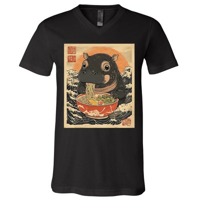 Moo Deng Hippo Eat Ramen For Japanese Style V-Neck T-Shirt