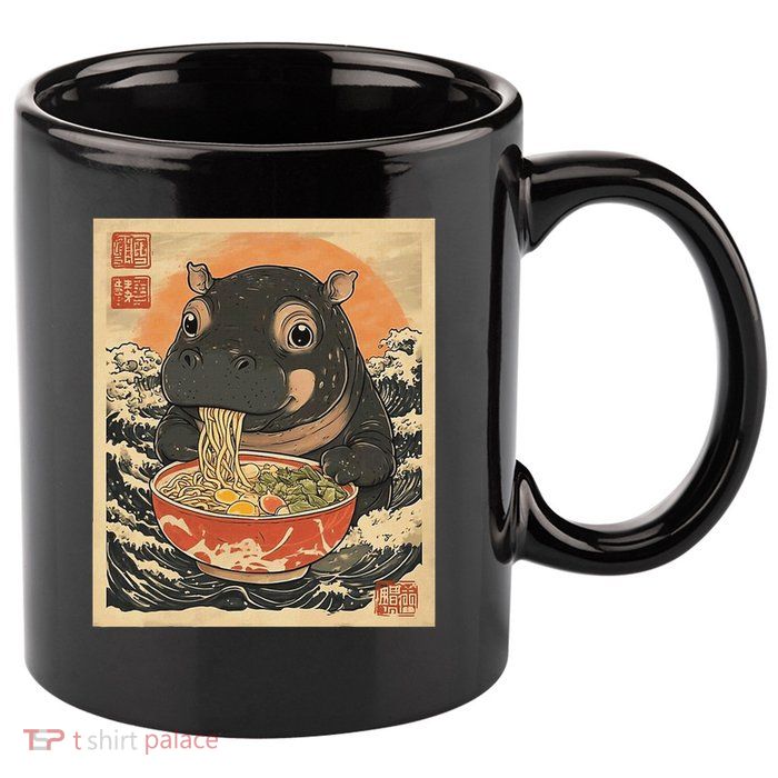 Moo Deng Hippo Eat Ramen For Japanese Style 11oz C Handle Ceramic Mug