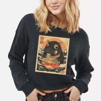 Moo Deng Hippo Eat Ramen For Japanese Style Cropped Pullover Crew