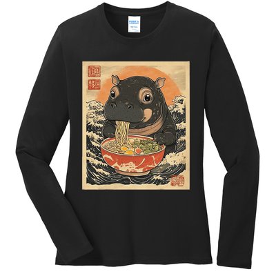 Moo Deng Hippo Eat Ramen For Japanese Style Ladies Long Sleeve Shirt
