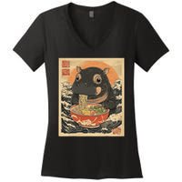 Moo Deng Hippo Eat Ramen For Japanese Style Women's V-Neck T-Shirt