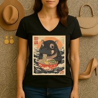 Moo Deng Hippo Eat Ramen For Japanese Style Women's V-Neck T-Shirt