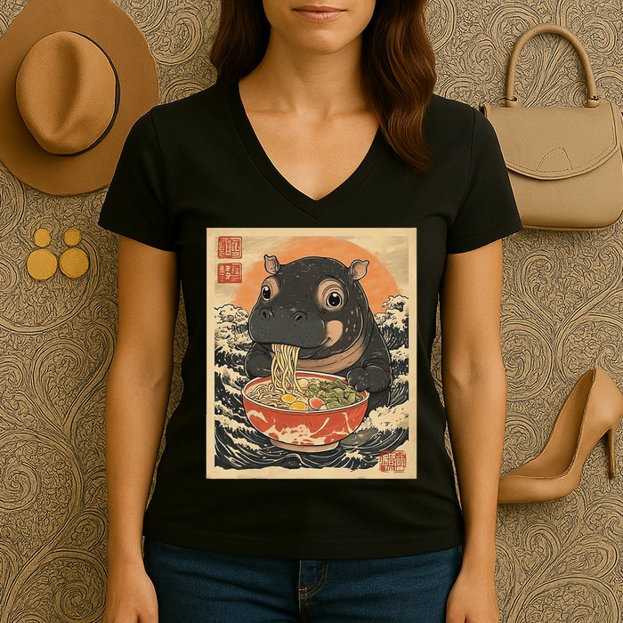 Moo Deng Hippo Eat Ramen For Japanese Style Women's V-Neck T-Shirt