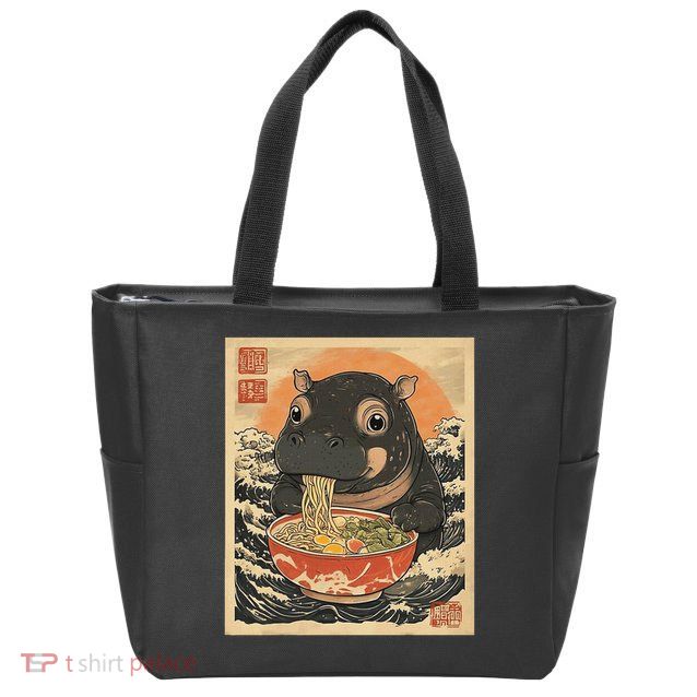 Moo Deng Hippo Eat Ramen For Japanese Style Zip Tote Bag