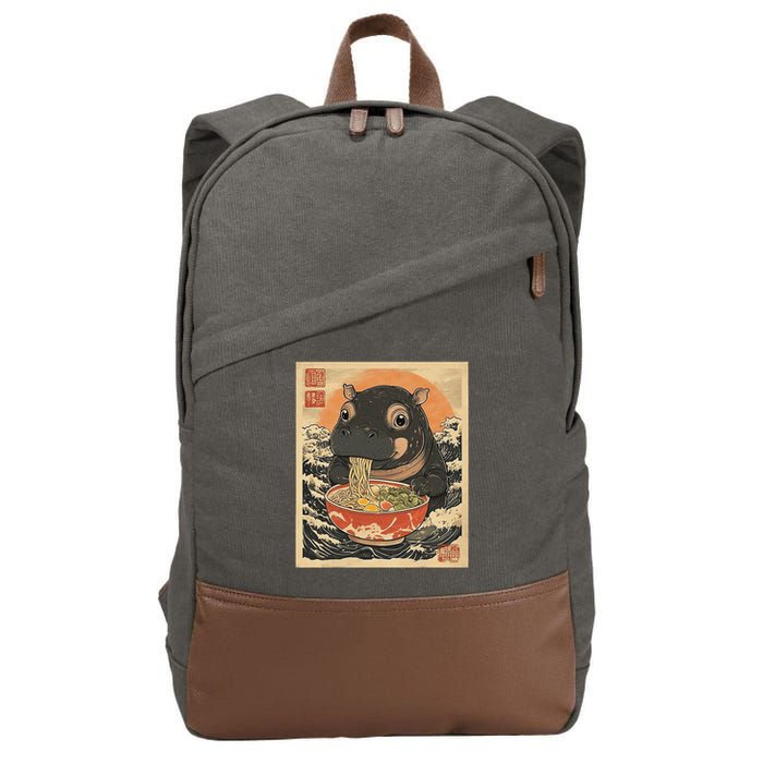Moo Deng Hippo Eat Ramen For Japanese Style Cotton Canvas Backpack