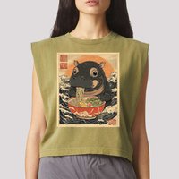 Moo Deng Hippo Eat Ramen For Japanese Style Garment-Dyed Women's Muscle Tee