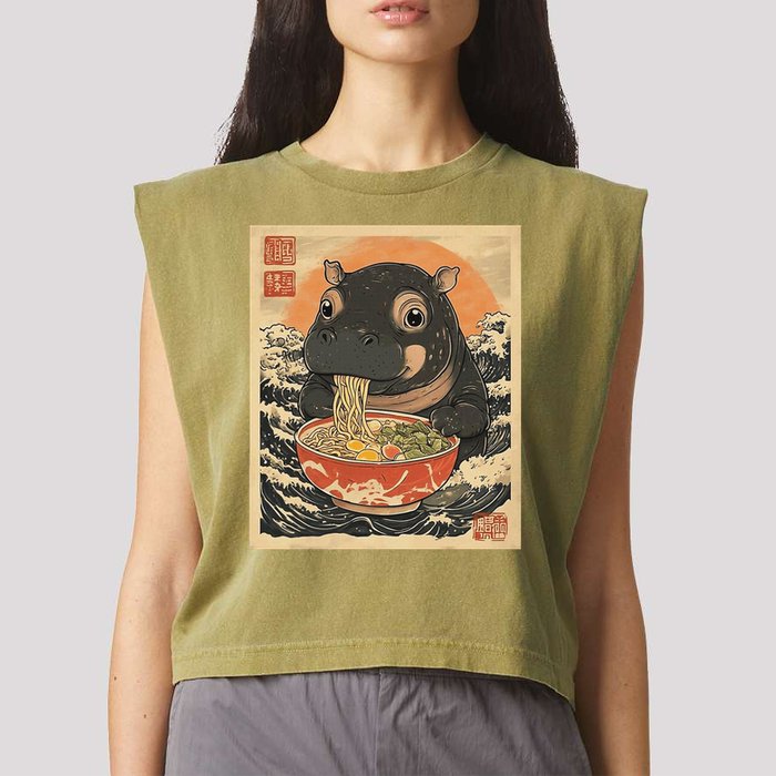 Moo Deng Hippo Eat Ramen For Japanese Style Garment-Dyed Women's Muscle Tee