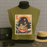 Moo Deng Hippo Eat Ramen For Japanese Style Garment-Dyed Women's Muscle Tee