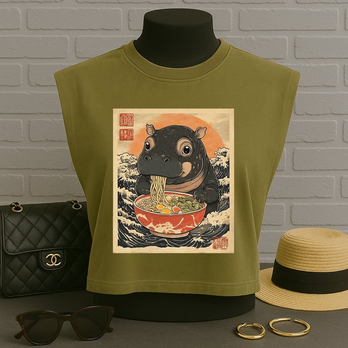Moo Deng Hippo Eat Ramen For Japanese Style Garment-Dyed Women's Muscle Tee