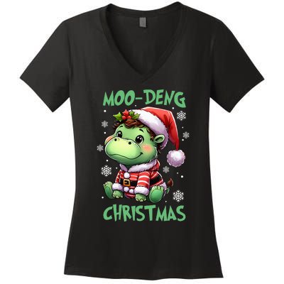 Moo Deng Hippo Baby Pigmy Moodeng Chrismats Zoo Family Women's V-Neck T-Shirt