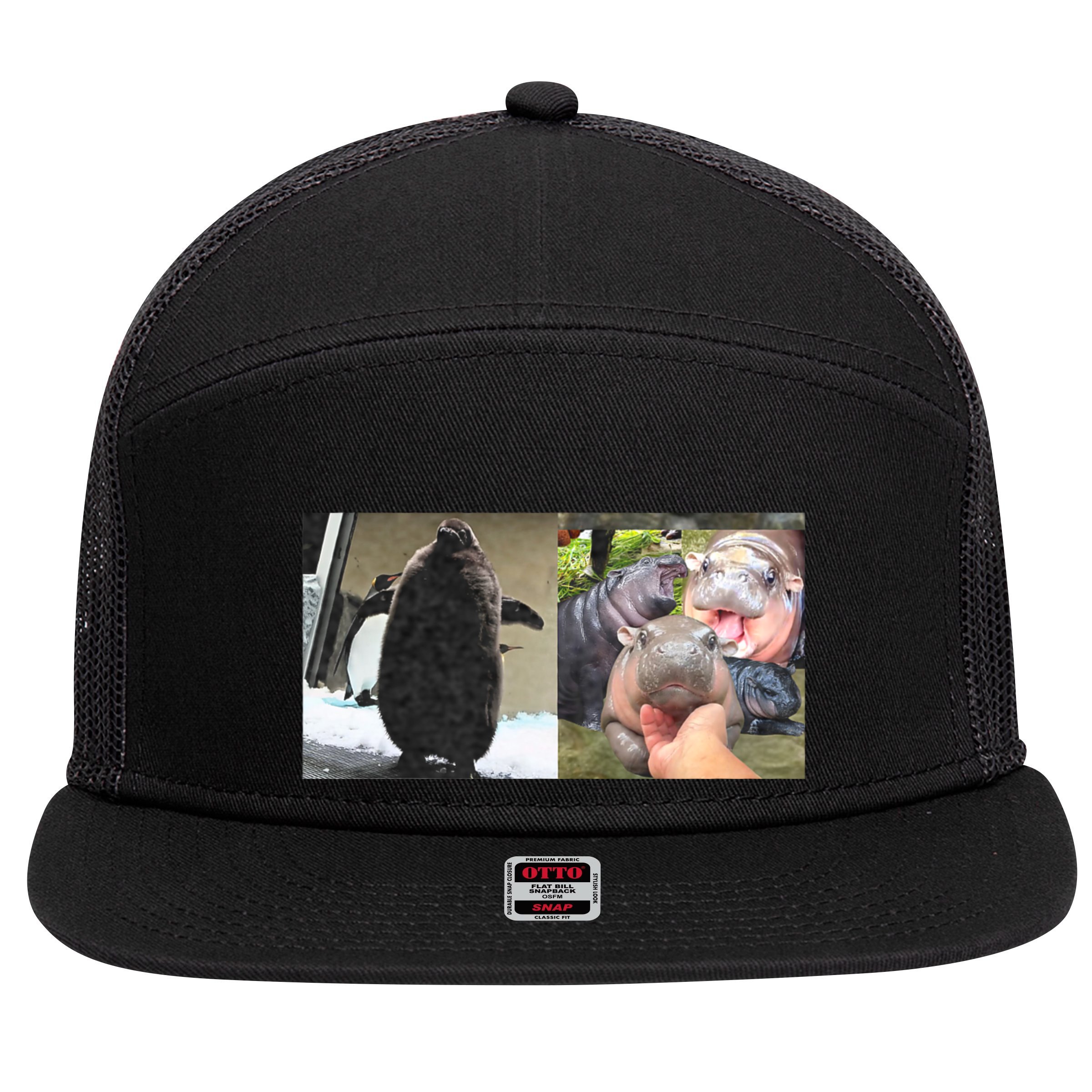 Moo Deng Hippo And Baby Penguin Pesto 7 Panel Mesh Trucker Snapback Hat