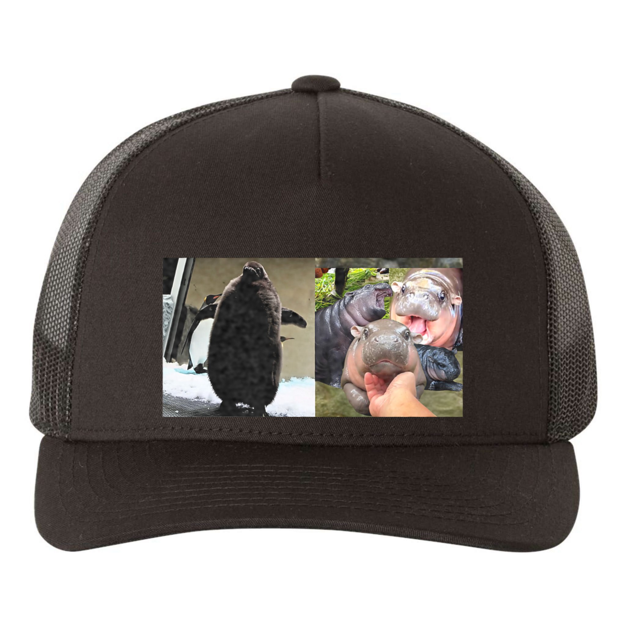 Moo Deng Hippo And Baby Penguin Pesto Yupoong Adult 5-Panel Trucker Hat
