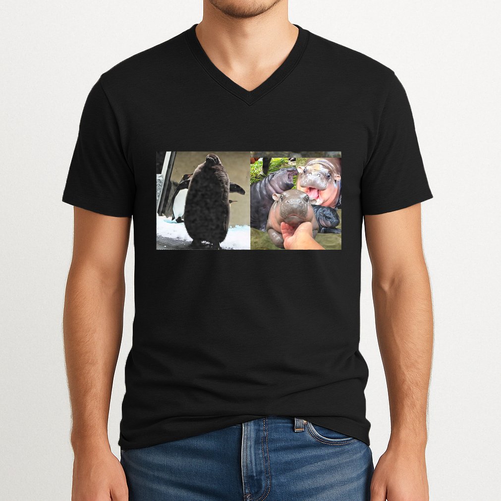 Moo Deng Hippo And Baby Penguin Pesto V-Neck T-Shirt