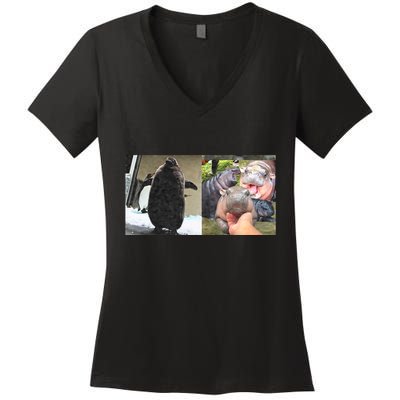 Moo Deng Hippo And Baby Penguin Pesto Women's V-Neck T-Shirt