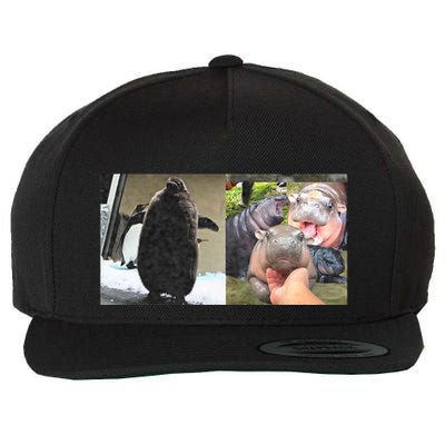 Moo Deng Hippo And Baby Penguin Pesto Wool Snapback Cap