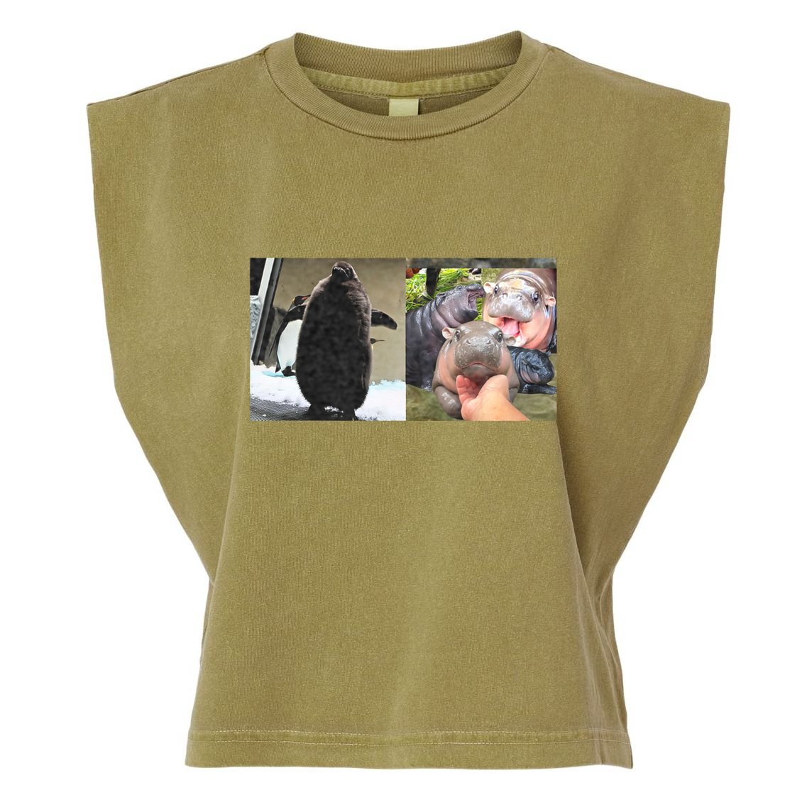 Moo Deng Hippo And Baby Penguin Pesto Garment-Dyed Women's Muscle Tee