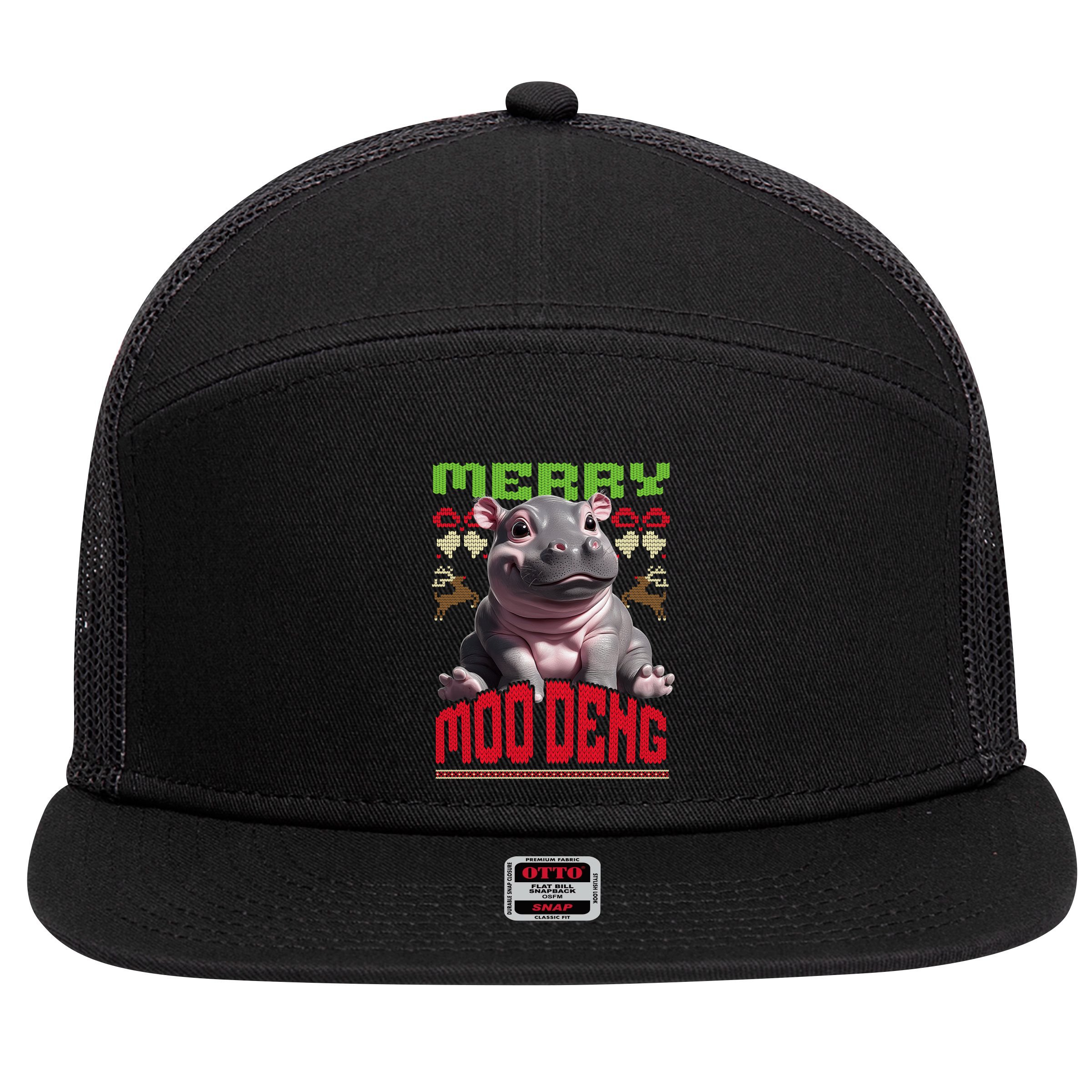 Moo Deng Hippo Ugly Christmas Holiday Cheer Gift 7 Panel Mesh Trucker Snapback Hat