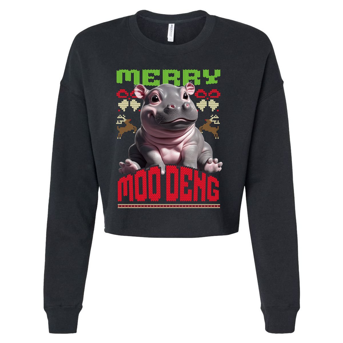 Moo Deng Hippo Ugly Christmas Holiday Cheer Gift Cropped Pullover Crew