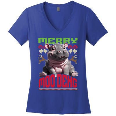 Moo Deng Hippo Ugly Christmas Holiday Cheer Gift Women's V-Neck T-Shirt