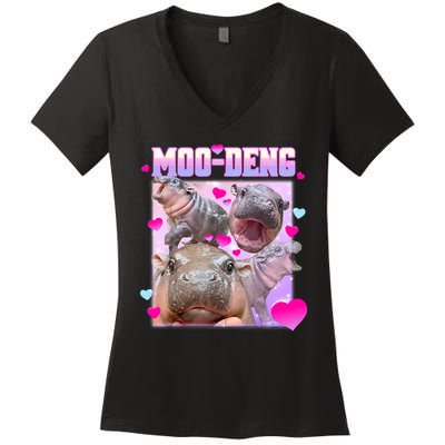 Moo Deng Hippo Baby Pygmy Funny Women's V-Neck T-Shirt