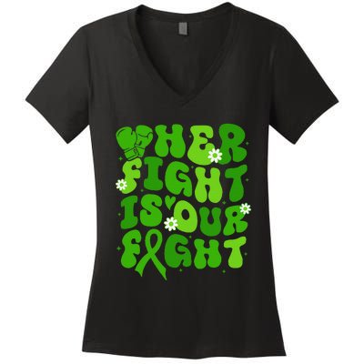 Mitochondrial Disease Her Fight Is Our Fight Green Flower Women's V-Neck T-Shirt