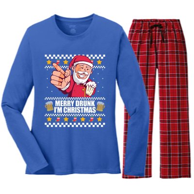 Merry Drunk Im Christmas Funny Santa Ugly Xmas Sweater Meme Gift Women's Long Sleeve Flannel Pajama Set 