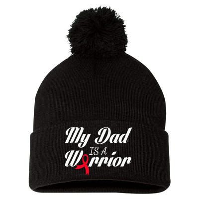 My Dad Is A Warrior Red Ribbon Stroke Awareness Pom Pom 12in Knit Beanie