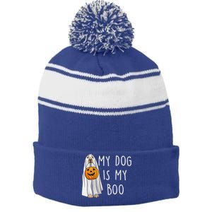 My Dog Is My Boo Halloween Funny Dog Owner Ghost Lover Gift Stripe Pom Pom Beanie