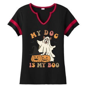 My Dog Is My Boo Spooky Season Ghost Halloween Groovy Retro Funny Gift Ladies Halftime Notch Neck Tee