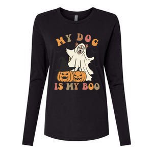 My Dog Is My Boo Spooky Season Ghost Halloween Groovy Retro Funny Gift Womens Cotton Relaxed Long Sleeve T-Shirt