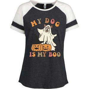 My Dog Is My Boo Spooky Season Ghost Halloween Groovy Retro Funny Gift Enza Ladies Jersey Colorblock Tee