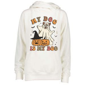 My Dog Is My Boo Spooky Season Ghost Halloween Groovy Retro Funny Gift Womens Funnel Neck Pullover Hood