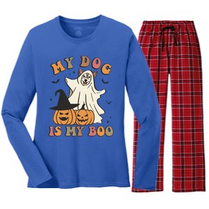 My Dog Is My Boo Spooky Season Ghost Halloween Groovy Retro Funny Gift Women's Long Sleeve Flannel Pajama Set 