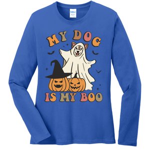 My Dog Is My Boo Spooky Season Ghost Halloween Groovy Retro Funny Gift Ladies Long Sleeve Shirt