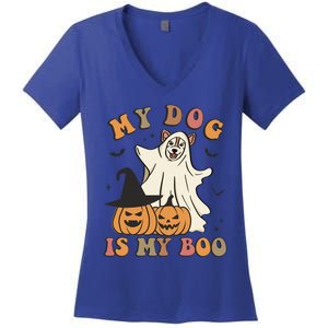 My Dog Is My Boo Spooky Season Ghost Halloween Groovy Retro Funny Gift Women's V-Neck T-Shirt