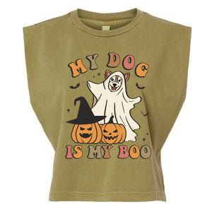 My Dog Is My Boo Spooky Season Ghost Halloween Groovy Retro Funny Gift Garment-Dyed Women's Muscle Tee