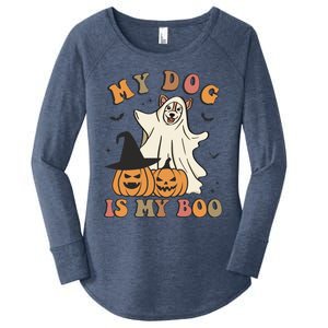 My Dog Is My Boo Spooky Season Ghost Halloween Groovy Retro Funny Gift Women's Perfect Tri Tunic Long Sleeve Shirt