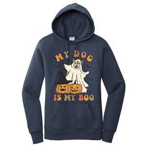 My Dog Is My Boo Spooky Season Ghost Halloween Groovy Retro Funny Gift Women's Pullover Hoodie