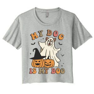 My Dog Is My Boo Spooky Season Ghost Halloween Groovy Retro Funny Gift Women's Crop Top Tee