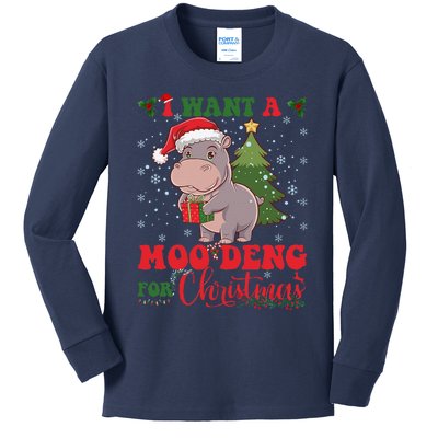 Moo Deng I Want A Moo Deng For Christmas Pygmy Baby Hippo Kids Long Sleeve Shirt